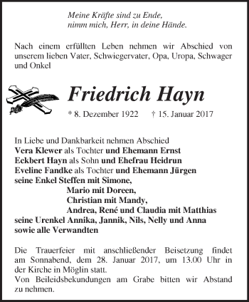 Traueranzeige von Friedrich Hayn von Märkische Oderzeitung