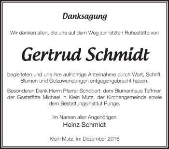 Traueranzeige von Gertrud Schmidt von Märkische Oderzeitung