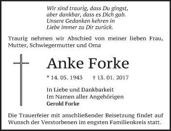 Traueranzeige von Anke Forke von Märkische Oderzeitung