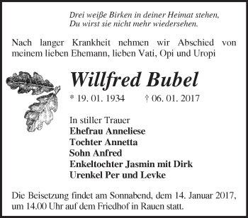 Traueranzeige von Willfred Bubel von Märkische Oderzeitung