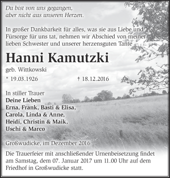 Traueranzeige von Hanni Kamutzki von Märkische Oderzeitung