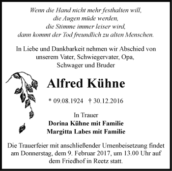 Traueranzeige von Alfred Kühne von Märkische Oderzeitung