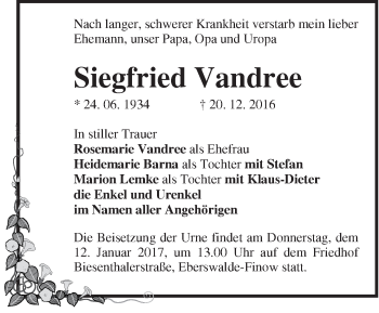 Traueranzeige von Siegfried Vandree von Märkische Oderzeitung