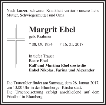 Traueranzeige von Margrit Ebel von Märkische Oderzeitung