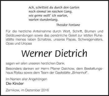 Traueranzeige von Werner Dietrich von Märkische Oderzeitung