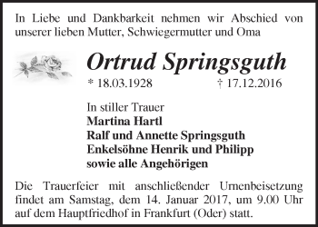 Traueranzeige von Ortrud Springsguth von Märkische Oderzeitung