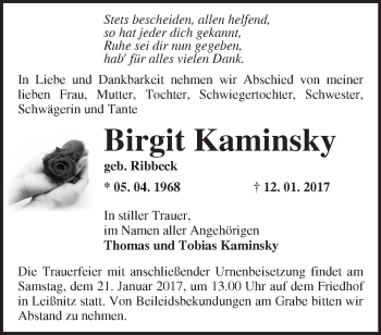 Traueranzeige von Birgit Kaminsky von Märkische Oderzeitung