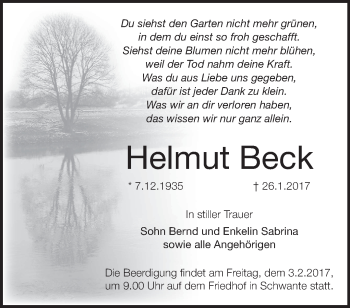 Traueranzeige von Helmut Beck von Märkische Oderzeitung