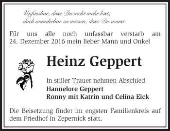 Traueranzeige von Heinz Geppert von Märkische Oderzeitung