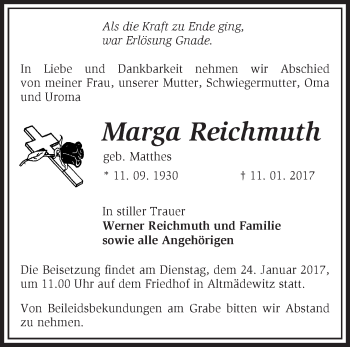 Traueranzeige von Marga Reichmuth von Märkische Oderzeitung