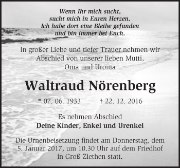 Traueranzeige von Waltraud Nörenberg von Märkische Oderzeitung