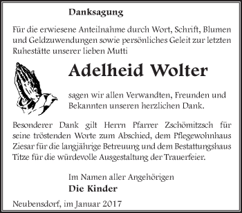 Traueranzeige von Adelheid Wolter von Märkische Oderzeitung