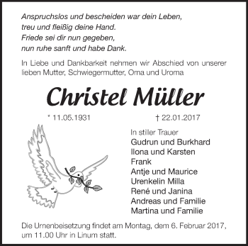 Traueranzeige von Christel Müller von Märkische Oderzeitung