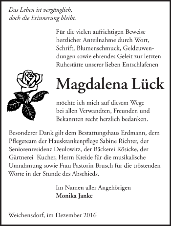 Traueranzeige von Magdalena Lück von Märkische Oderzeitung