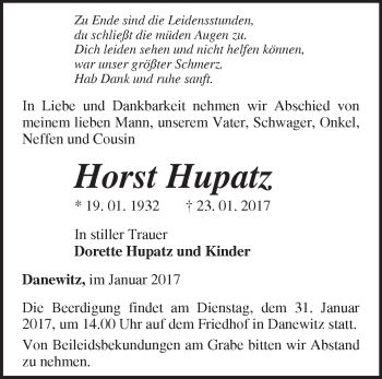 Traueranzeige von Horst Hupatz von Märkische Oderzeitung