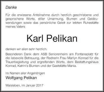 Traueranzeige von Karl Pelikan von Märkische Oderzeitung