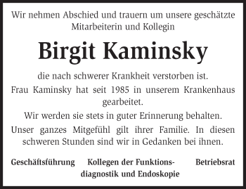 Traueranzeige von Birgit Kaminsky von Märkische Oderzeitung