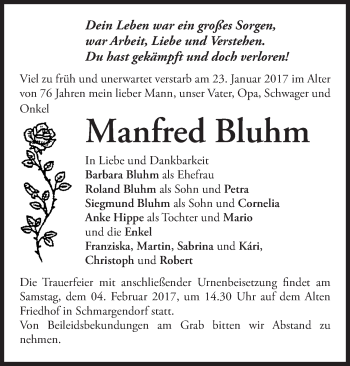 Traueranzeige von Manfred Bluhm von Märkische Oderzeitung