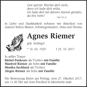 Traueranzeige von Agnes Riemer von Märkische Oderzeitung