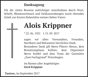 Traueranzeige von Alois Krippner von Märkische Oderzeitung