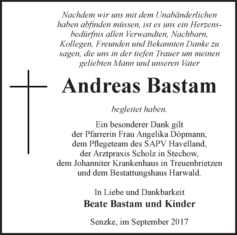  Traueranzeige für Andreas Bastam vom 01.10.2017 aus Märkische Oderzeitung