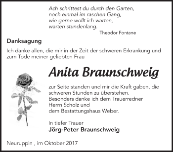 Traueranzeige von Anita Braunschweig von Märkische Oderzeitung