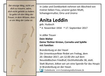 Traueranzeige von Anita Leddin von Märkische Oderzeitung