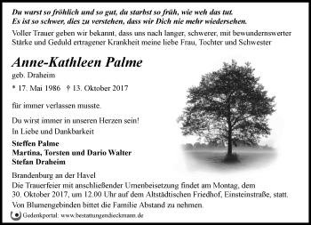 Traueranzeige von Anne-Kathleen Palme von Märkische Oderzeitung