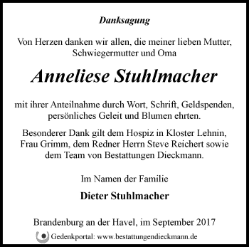 Traueranzeige von Anneliese Stuhlmacher von Märkische Oderzeitung