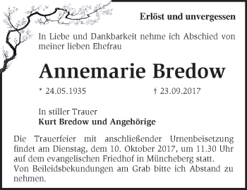 Traueranzeige von Annemarie Bredow von Märkische Oderzeitung