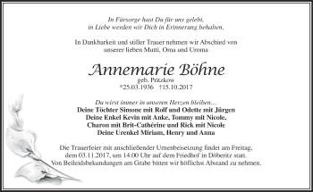 Traueranzeige von Annemarie Böhne von Märkische Oderzeitung