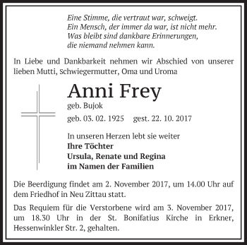 Traueranzeige von Anni Frey von Märkische Oderzeitung