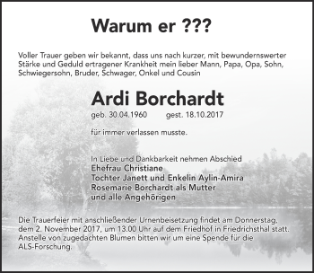 Traueranzeige von Ardi Borchardt von Märkische Oderzeitung