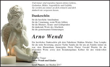 Traueranzeige von Arno Wendt von Märkische Oderzeitung