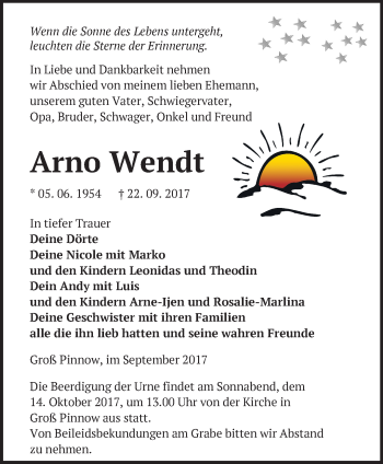 Traueranzeige von Arno Wendt von Märkische Oderzeitung