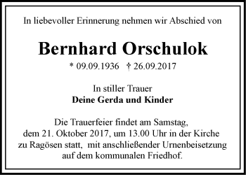 Traueranzeige von Bernhard Orschulok von Märkische Oderzeitung