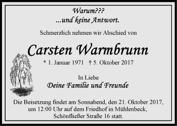 Traueranzeige von Carsten Warmbrunn von Märkische Oderzeitung