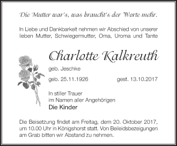 Traueranzeige von Charlotte Kalkreuth von Märkische Oderzeitung