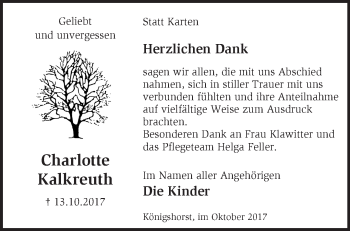 Traueranzeige von Charlotte Kalkreuth von Märkische Oderzeitung