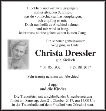 Traueranzeige von Christa Dressler von Märkische Oderzeitung