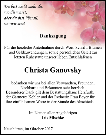 Traueranzeige von Christa Ganovsky von Märkische Oderzeitung