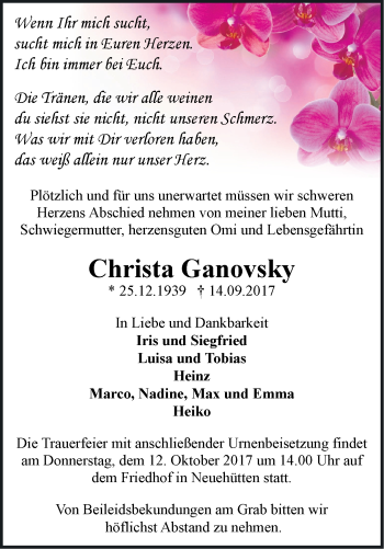 Traueranzeige von Christa Ganovsky von Märkische Oderzeitung