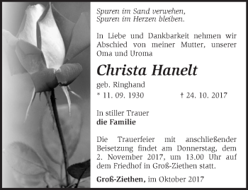 Traueranzeige von Christa Hanelt von Märkische Oderzeitung