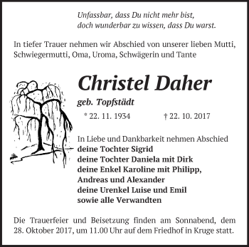 Traueranzeige von Christel Daher von Märkische Oderzeitung