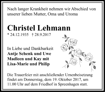 Traueranzeige von Christel Lehmann von Märkische Oderzeitung