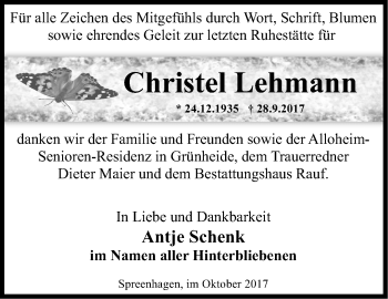 Traueranzeige von Christel Lehmann von Märkische Oderzeitung