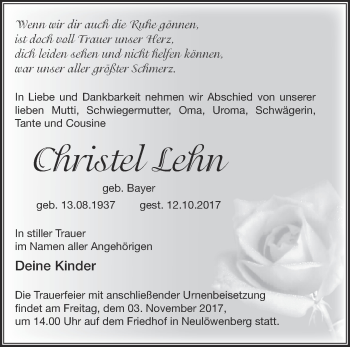 Traueranzeige von Christel Lehn von Märkische Oderzeitung