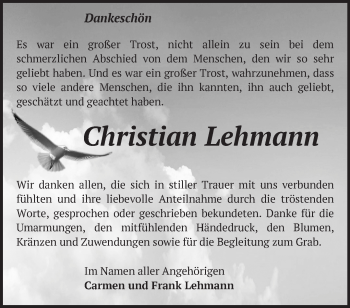 Traueranzeige von Christian Lehmann von Märkische Oderzeitung