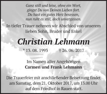 Traueranzeige von Christian Lehmann von Märkische Oderzeitung