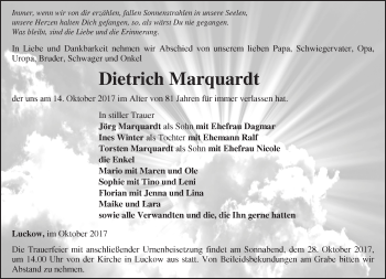 Traueranzeige von Dietrich Marquardt von Märkische Oderzeitung